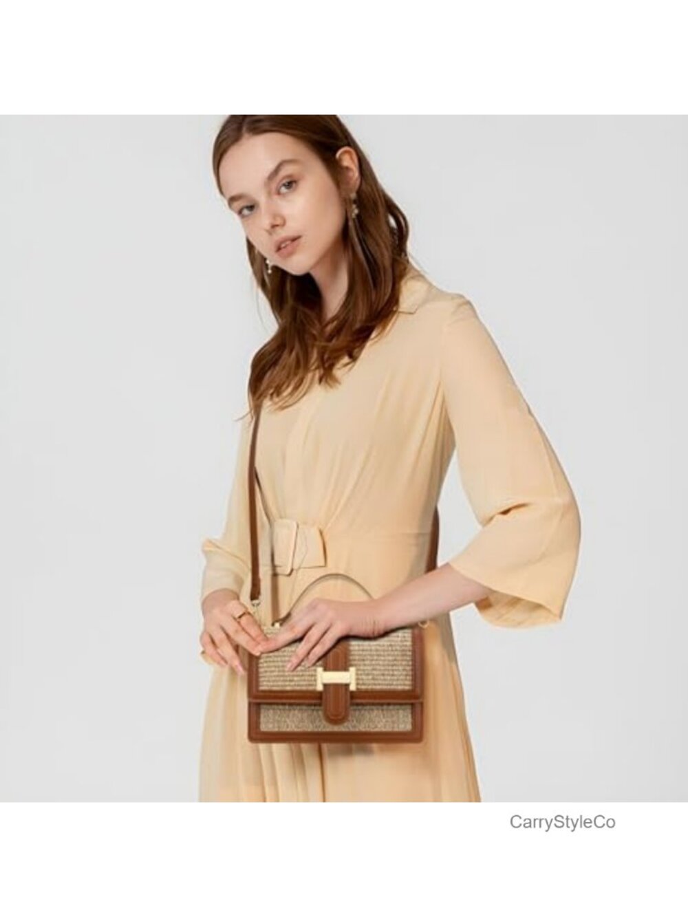 Straw Crossbody Bag with Top Handle, Small Designer Handbag - Picture 3 of 6